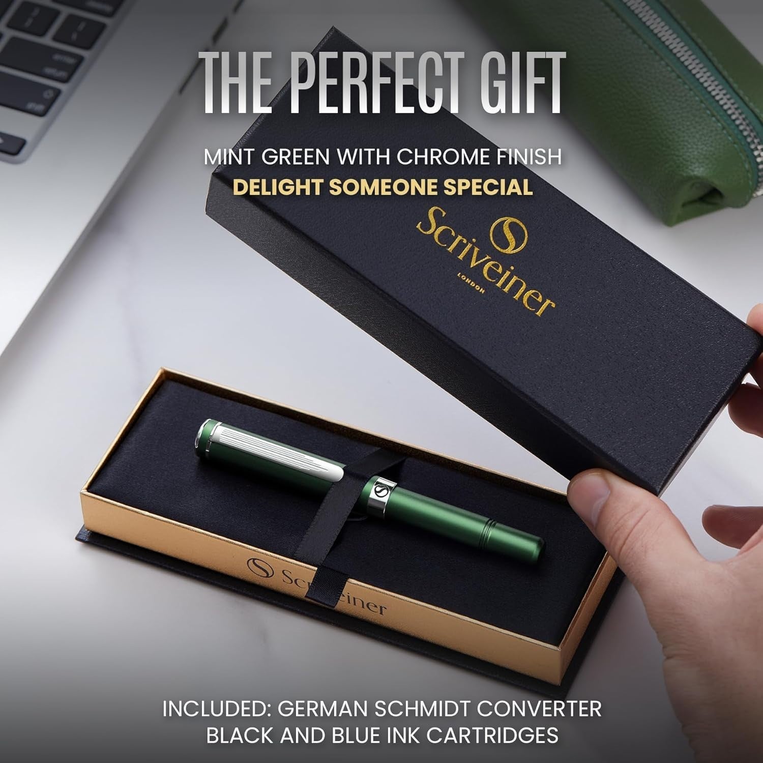 Luxury Fountain Pen Medium Nib Matt Green Chrome Gift Set