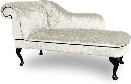 Velvet Chaise Lounge Left Hand Pearl – Handmade, UK Made, Queen Anne Legs