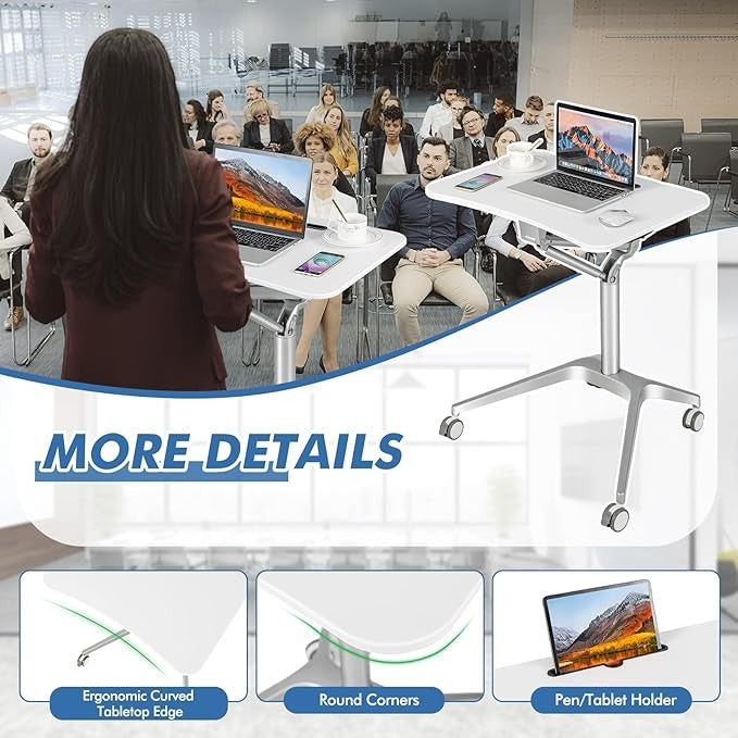 Height Adjustable Mobile Standing Desk Laptop Table Sit Stand Wheels