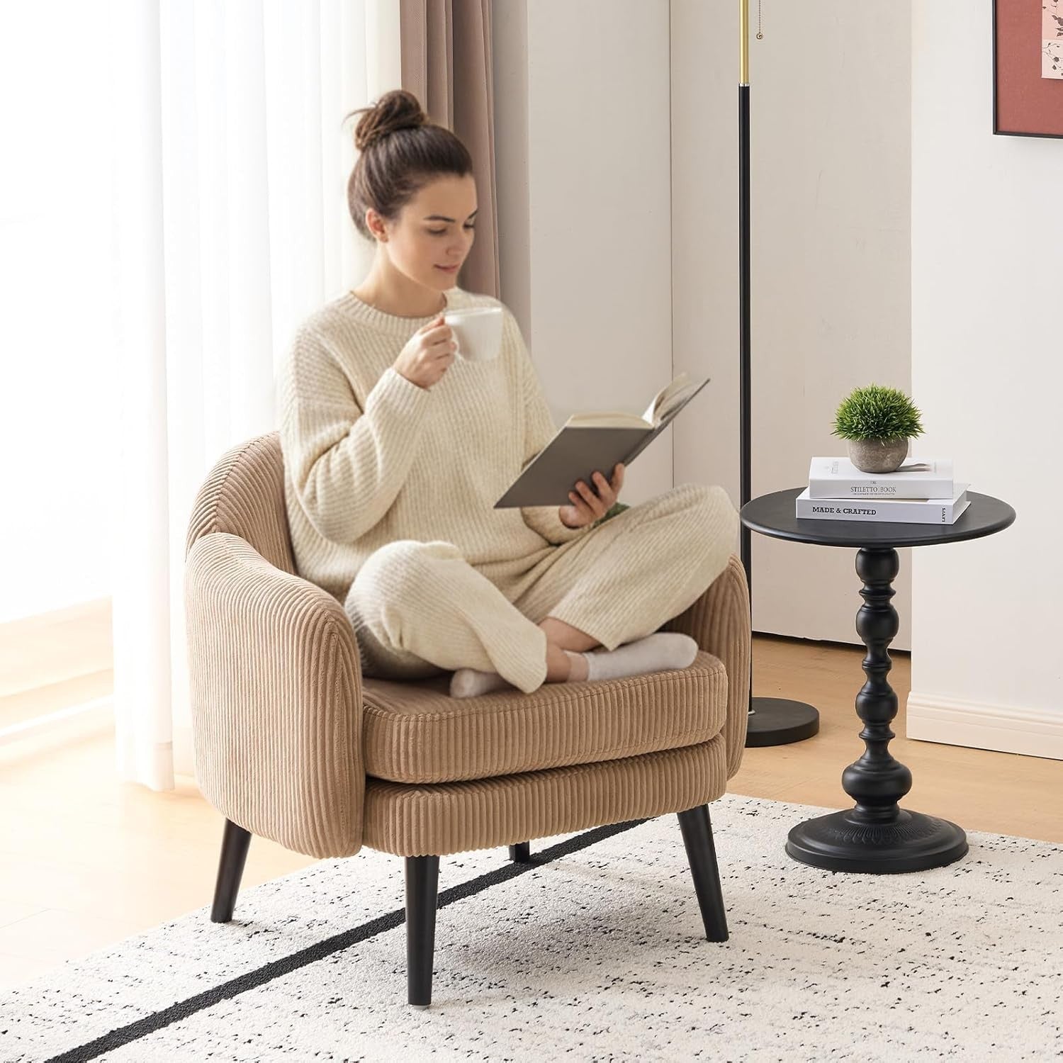 Modern Corduroy Accent Armchair Wide Track Arms Wood Legs Khaki