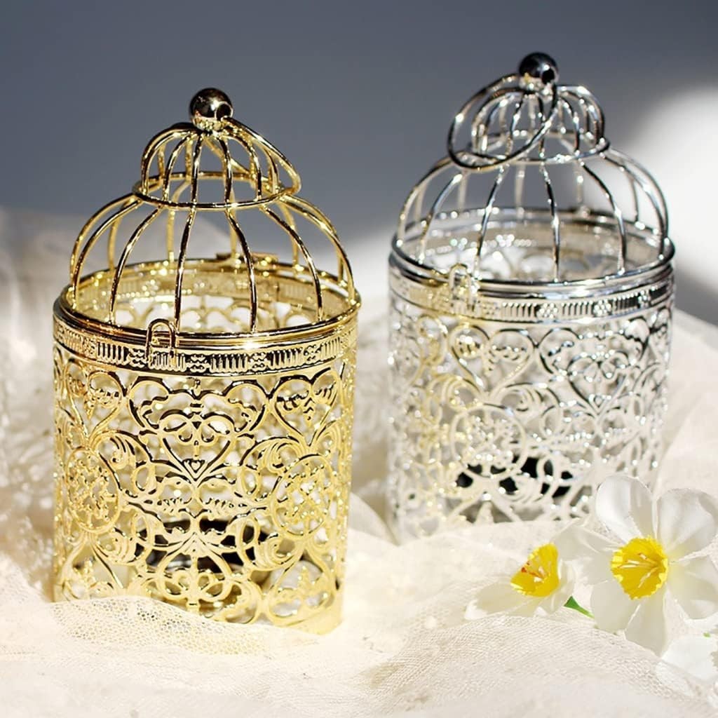 Decorative Hanging Lantern – Bird Cage Metal Candle Holder (B Gold)