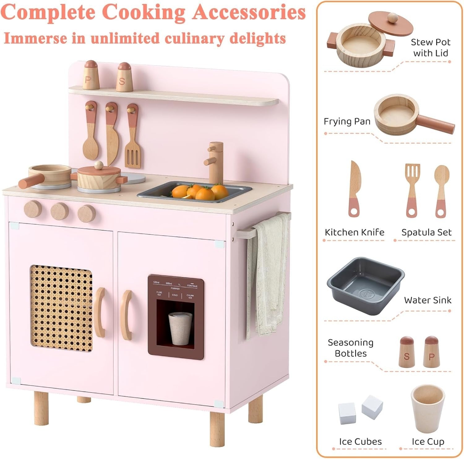 Wooden Kids Play Kitchen Pink w/ Ice Maker Sink Accessories Set