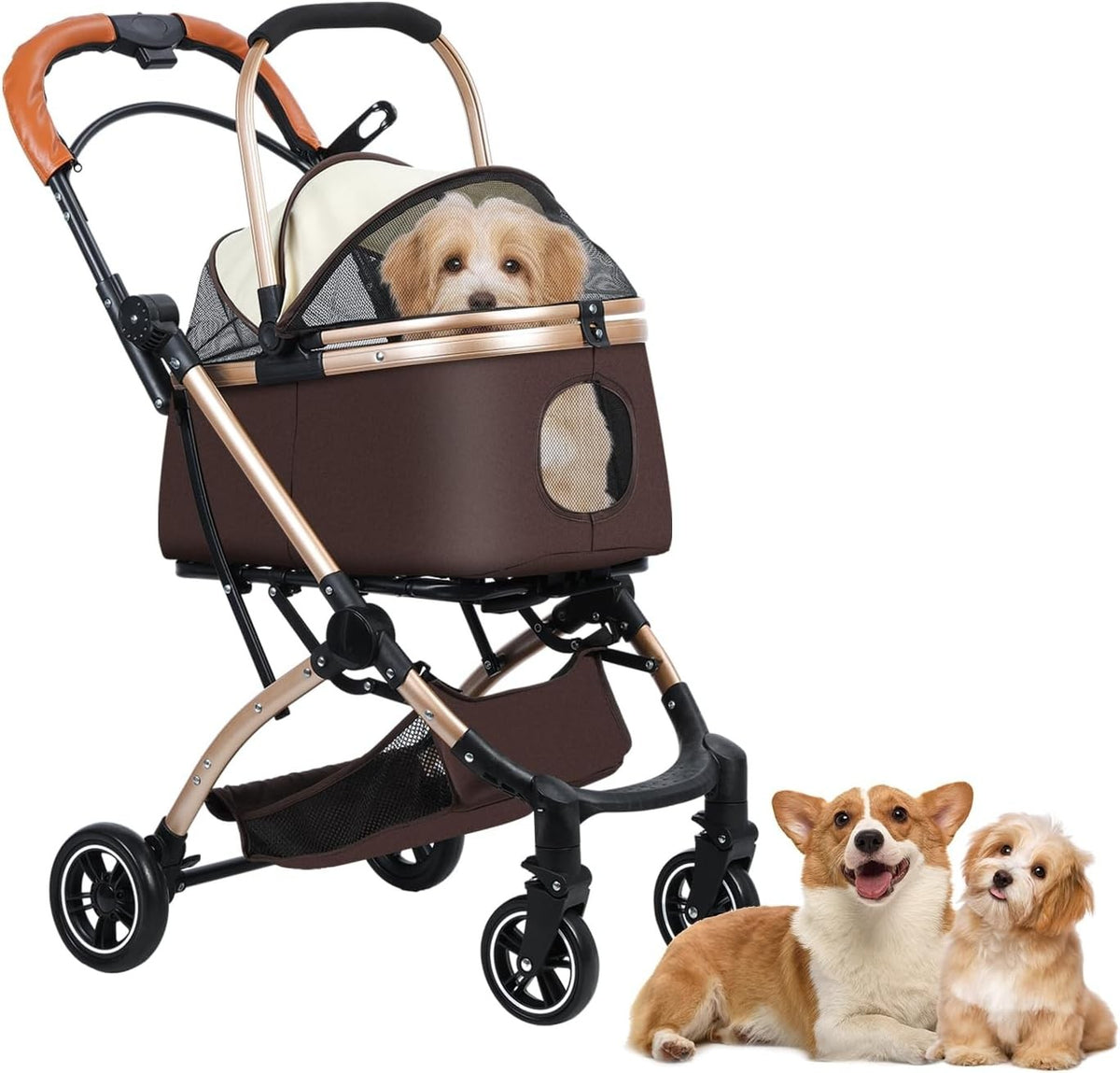 2 in 1 Dog Stroller Pram with Car Seat Small Medium Dogs Brown