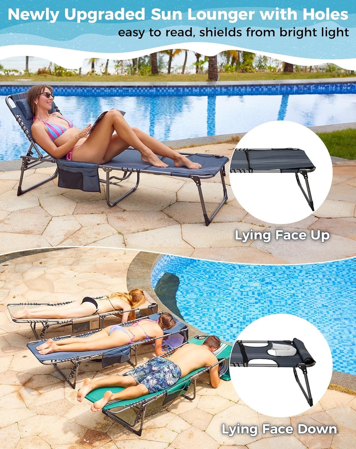 2x Reclining Sun Lounger Set Foldable Chairs w/ Face Hole for Garden Beach