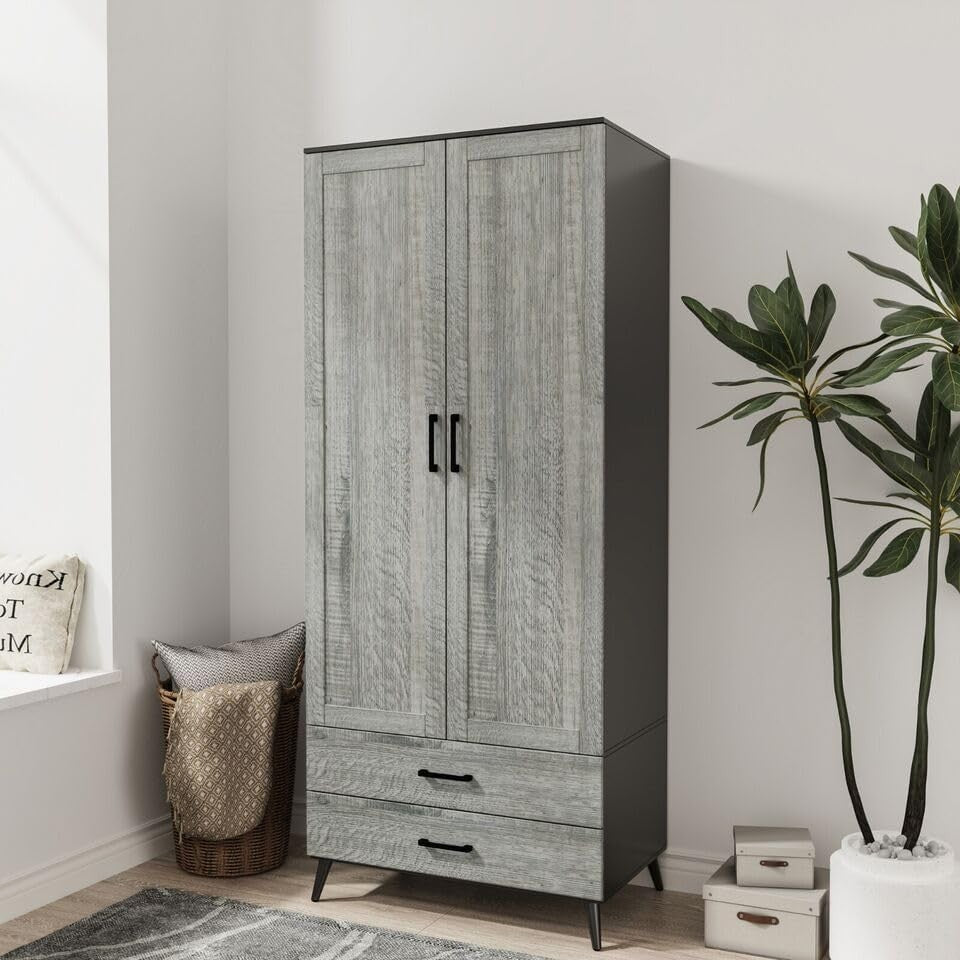 Modern Black 2 Door Wardrobe with Drawers & Hanging Rail - Bedroom Storage