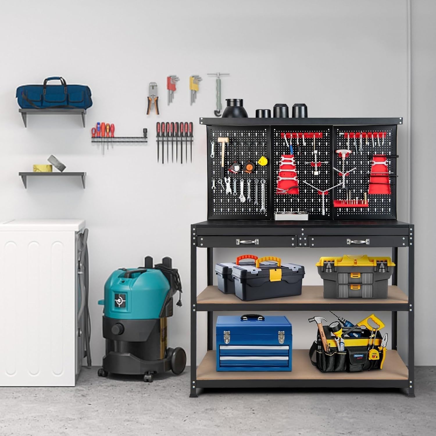 Heavy Duty Garage Workbench with Pegboard Drawers Shelves 435kg Tool Station