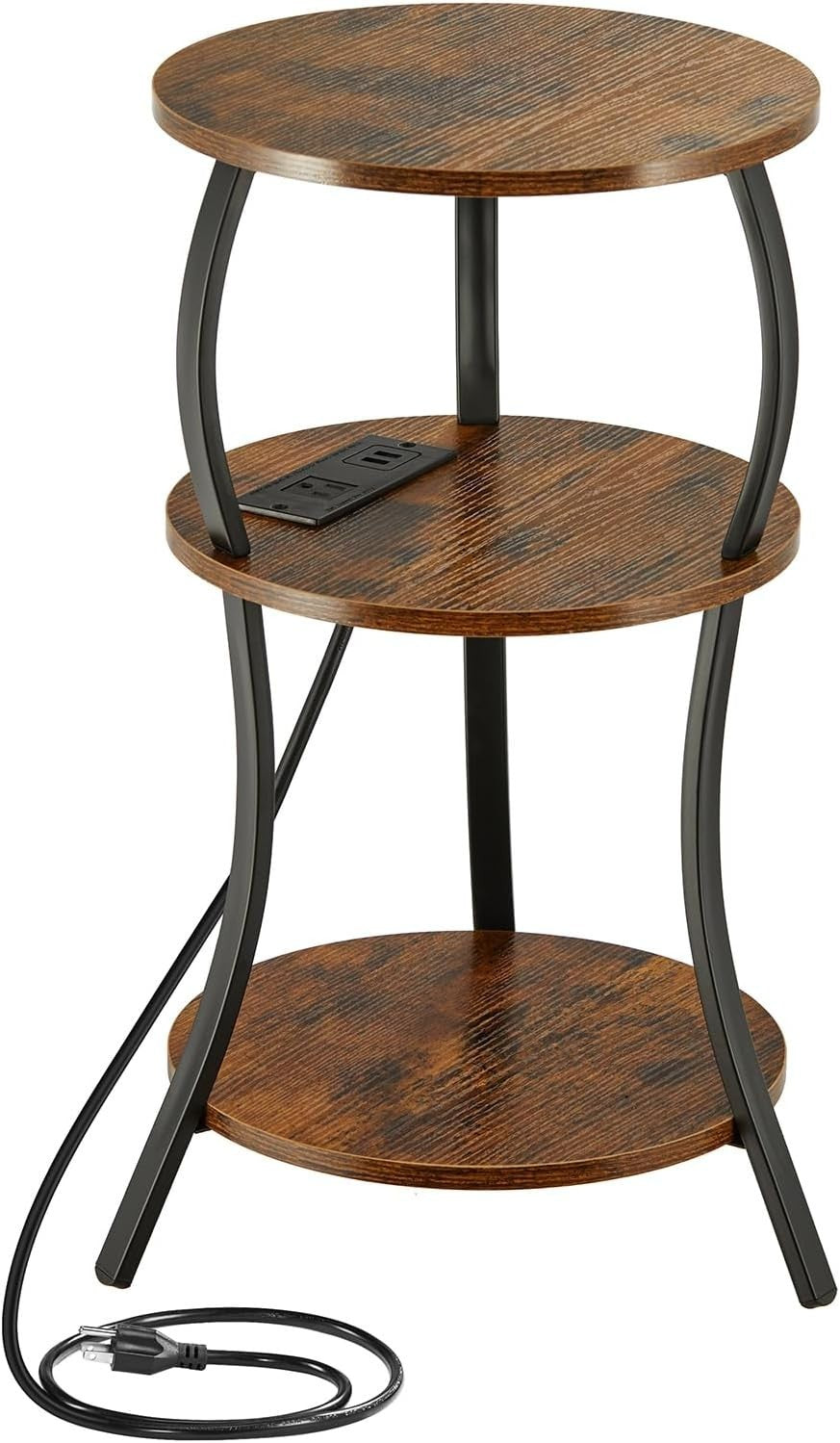 Brown 3-Tier Round Side Table 30x30x55 cm | Slim End Table w/ USB & Storage
