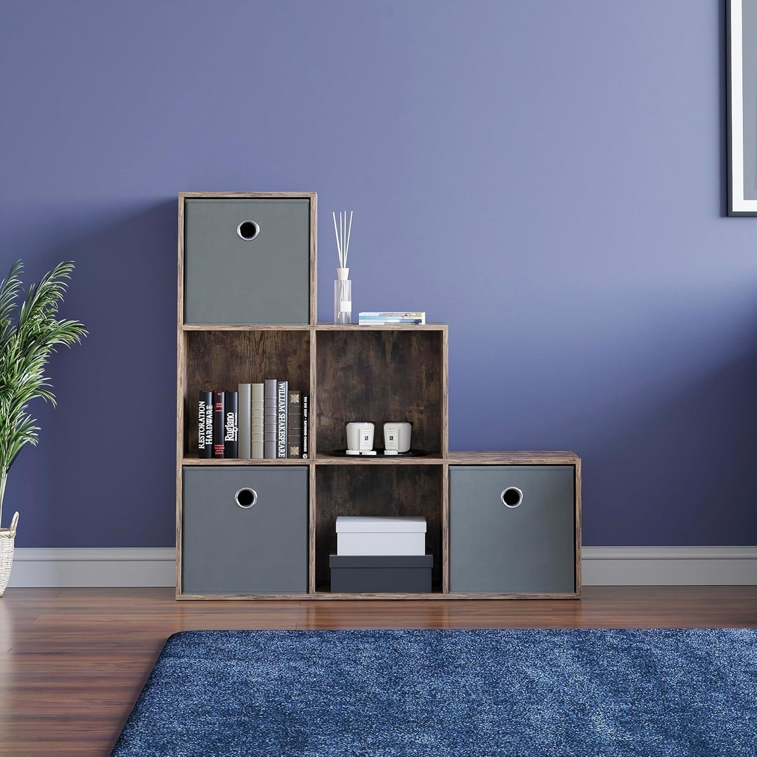 Dark Wood 6 Cube Staircase Bookcase with 3 Grey Baskets – Modern Storage Unit