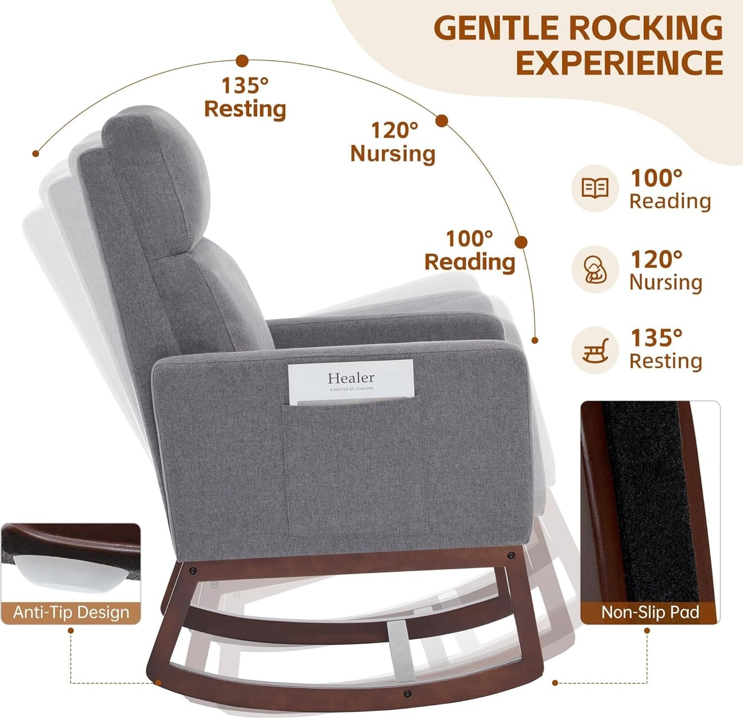 Modern Linen Rocking Chair with High Back & Side Pockets for Adults