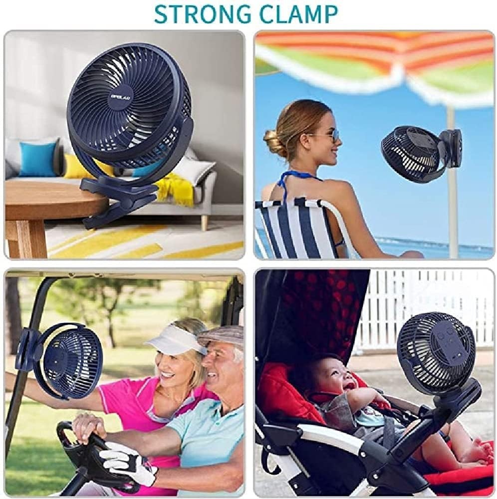 8 inch Portable Desk Fan Clip-On 4-Speed USB Rechargeable 360° Rotation Blue