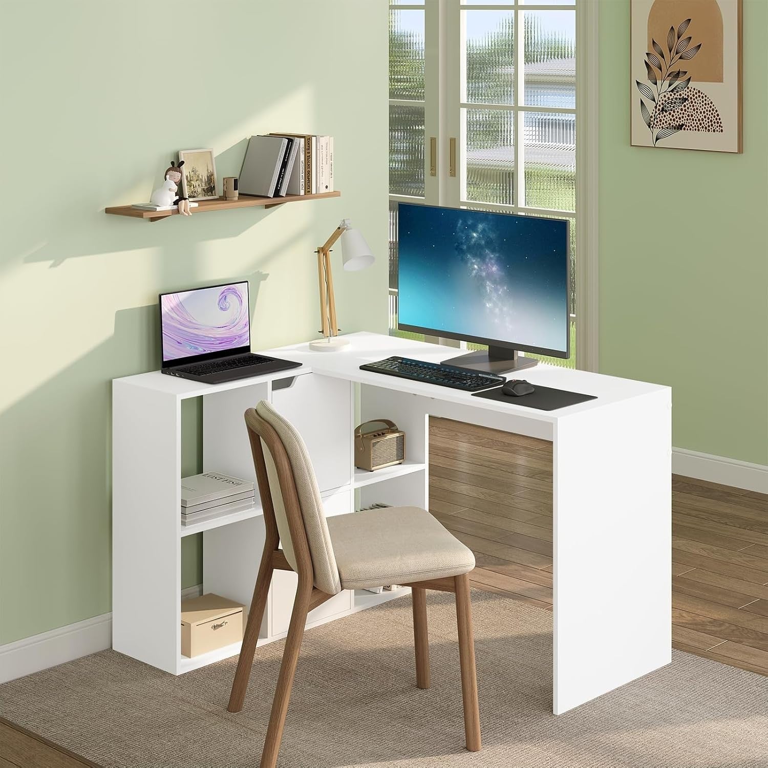 Corner L-Shaped Desk 120x100cm with 6 Storage Cubes Double Top White