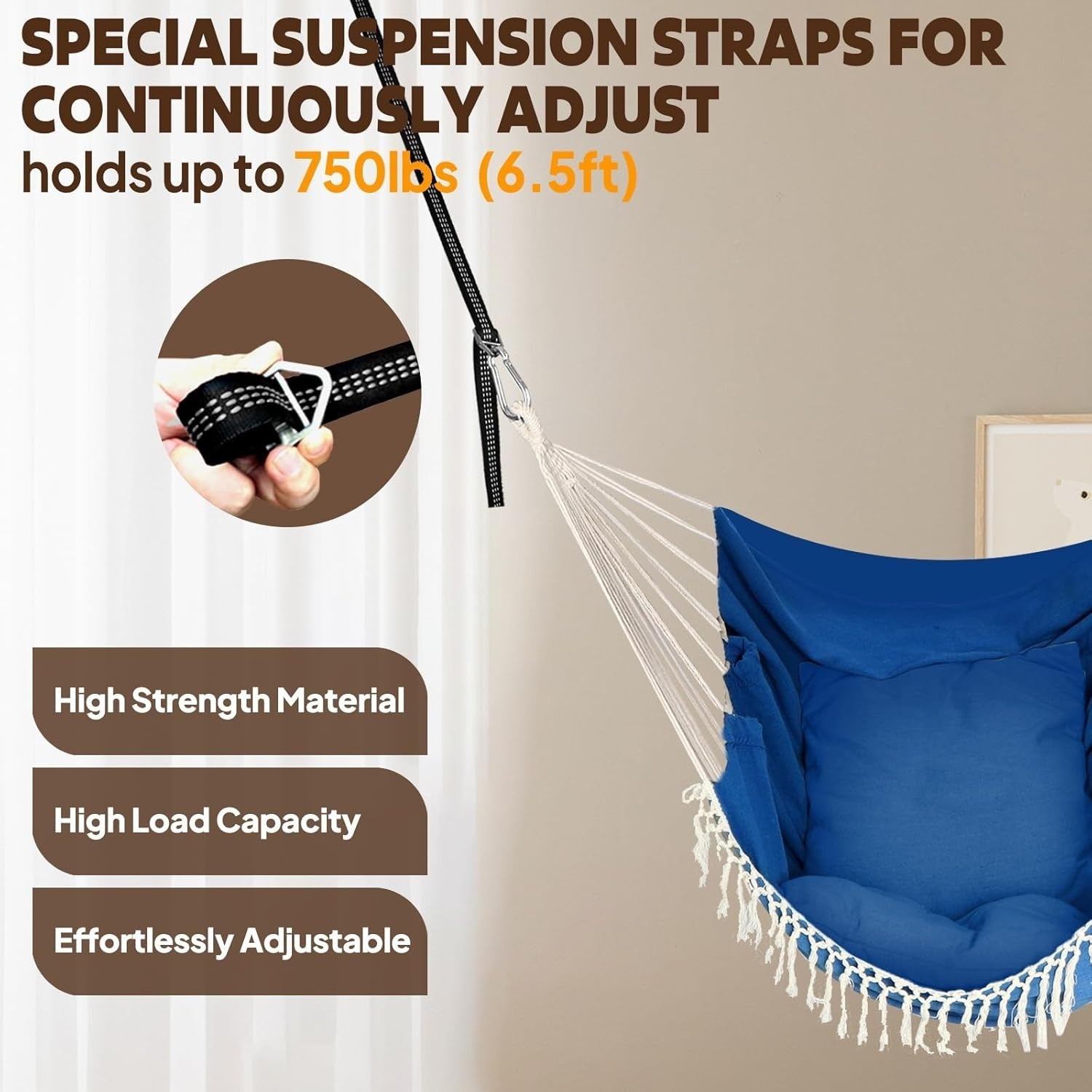 Royal Blue Hammock Chair with 2 Cushions & Straps | 500lbs Indoor Outdoor