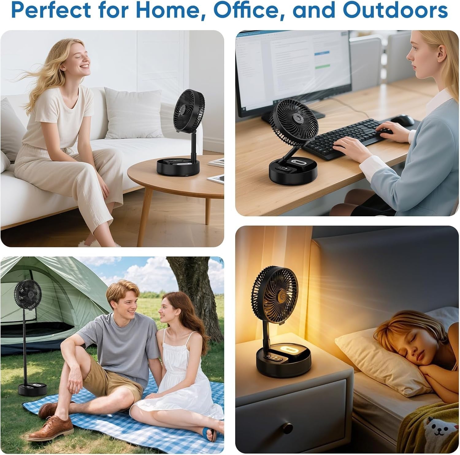 Foldable Fan – 4 Speed Telescopic Rechargeable w Remote LED Light Quiet Fan 30dB