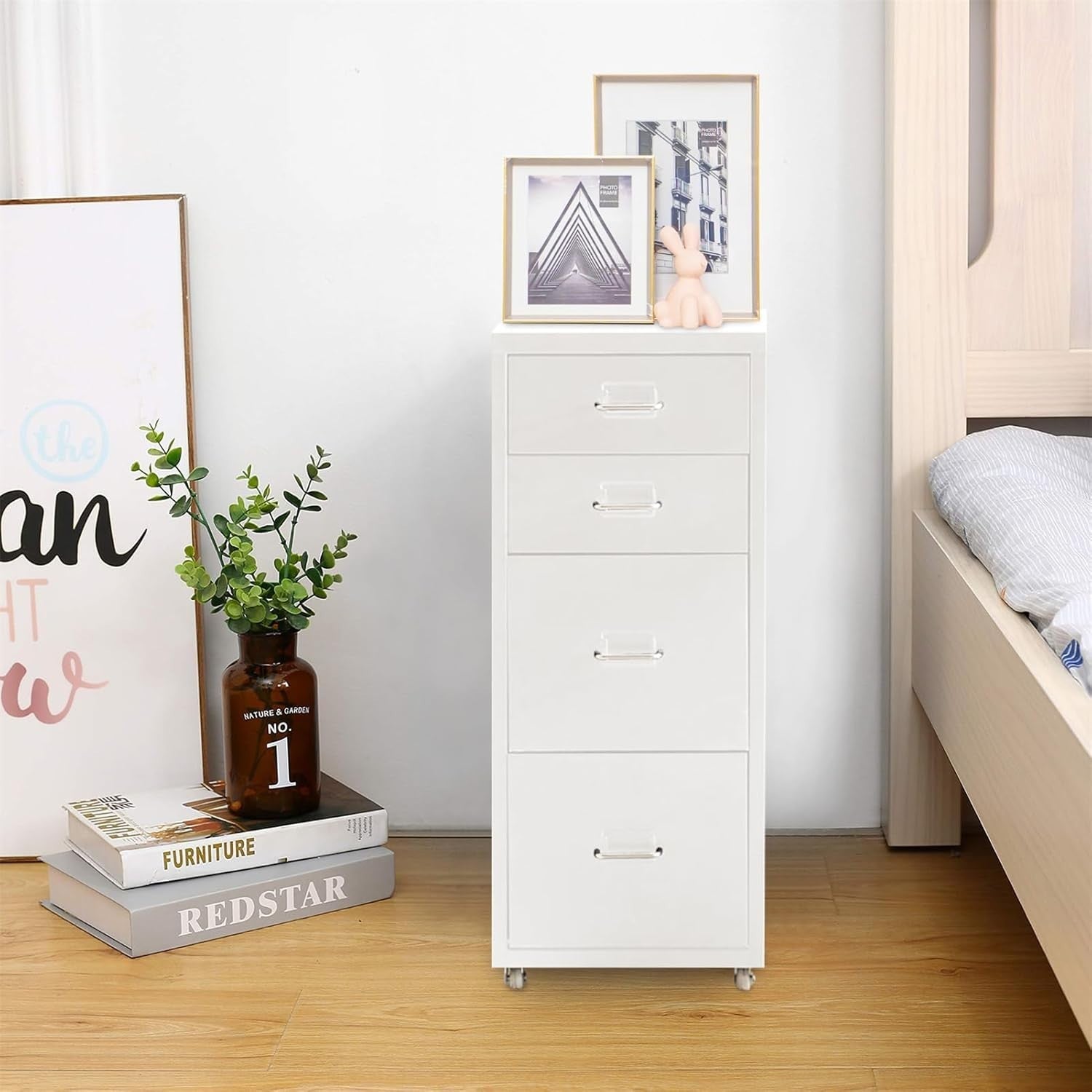 Silver White Mobile Filing Cabinet 4 Drawer 68cm Rolling Office