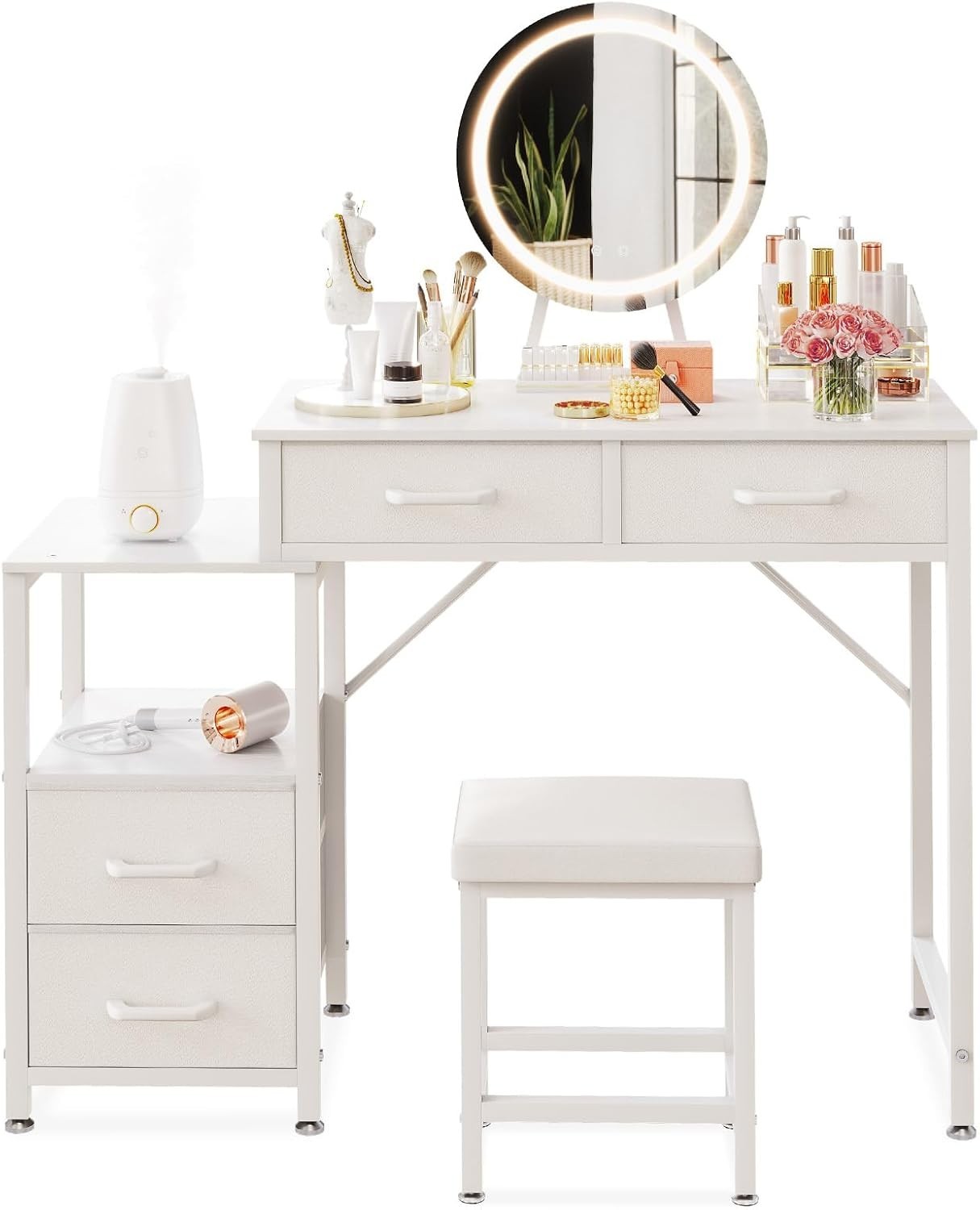 Vanity Makeup Dressing Table Set with LED Mirror Stool Storage White Modern