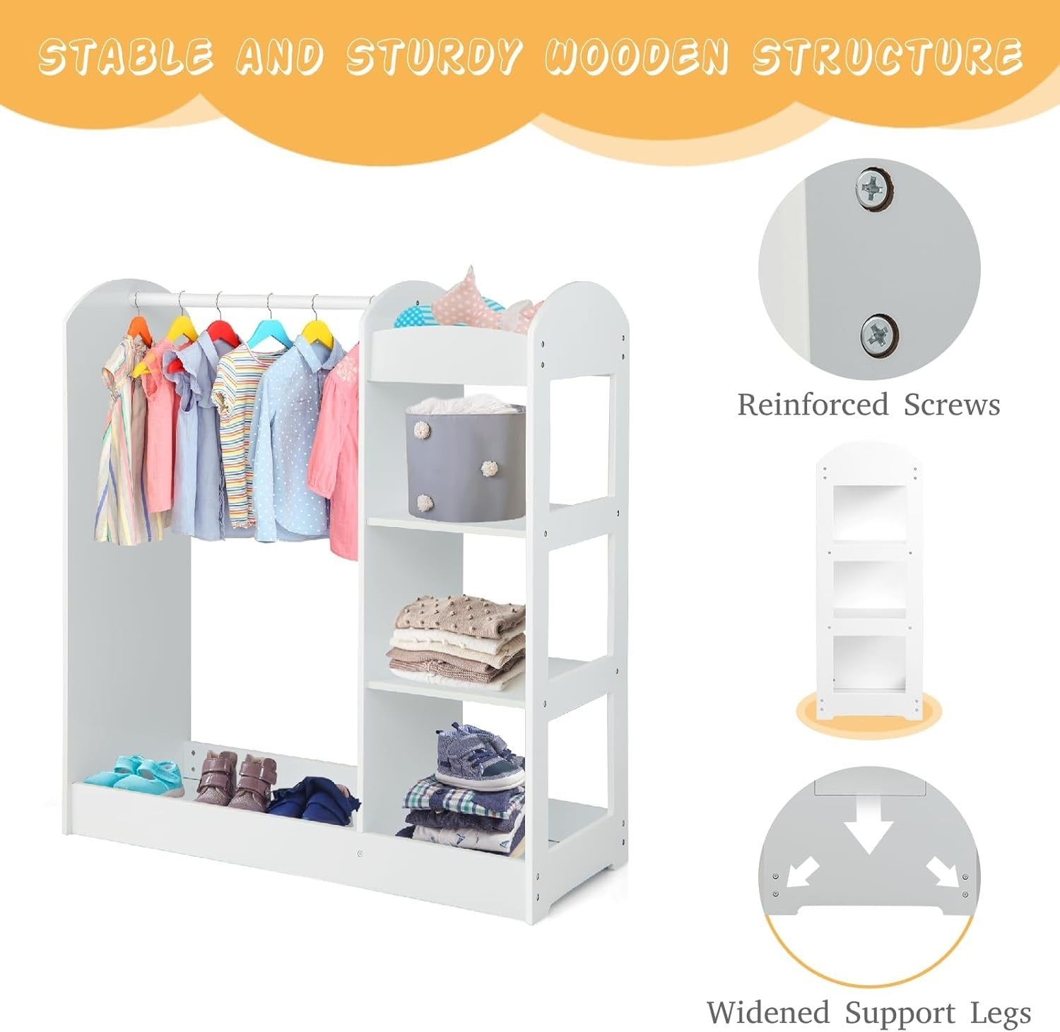 Kids Wooden Wardrobe Dress Up Storage with Mirror Clothes Rail Shelves White