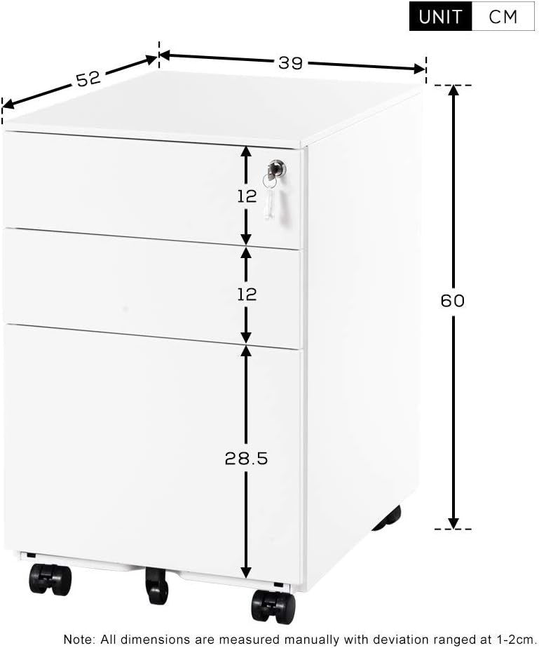 Metal Mobile Filing Cabinet 3 Drawer Lockable A4 Letter Files on Wheels