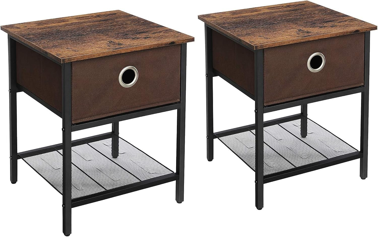 Set of 2 Rustic Bedside Tables with Drawer & Mesh Shelf, Industrial Nightstands