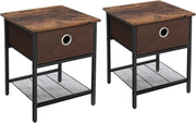 Set of 2 Rustic Bedside Tables with Drawer & Mesh Shelf, Industrial Nightstands
