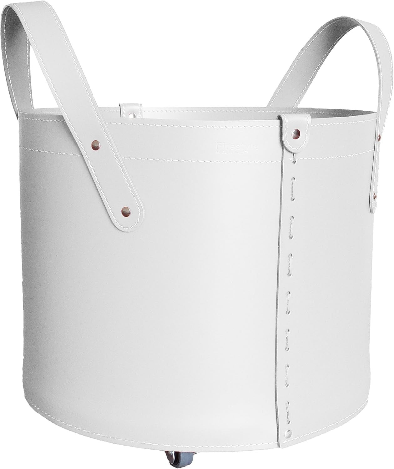 white Luxury Leather Log Basket with Wheels, Indoor Wood Holder, Handmade Bin