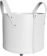 white Luxury Leather Log Basket with Wheels, Indoor Wood Holder, Handmade Bin