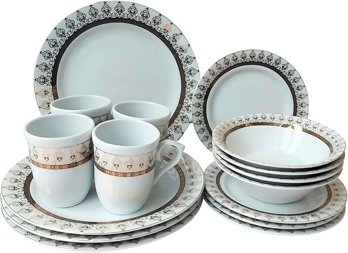 16pc Gold Floral Porcelain Dinnerware Set Plates Bowls Mugs Service for 4