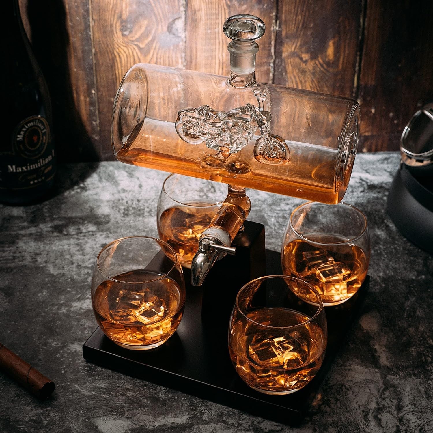 Motorcycle Whiskey Decanter Set 1100ml Tap Dispenser & 4 Glasses Gift Display