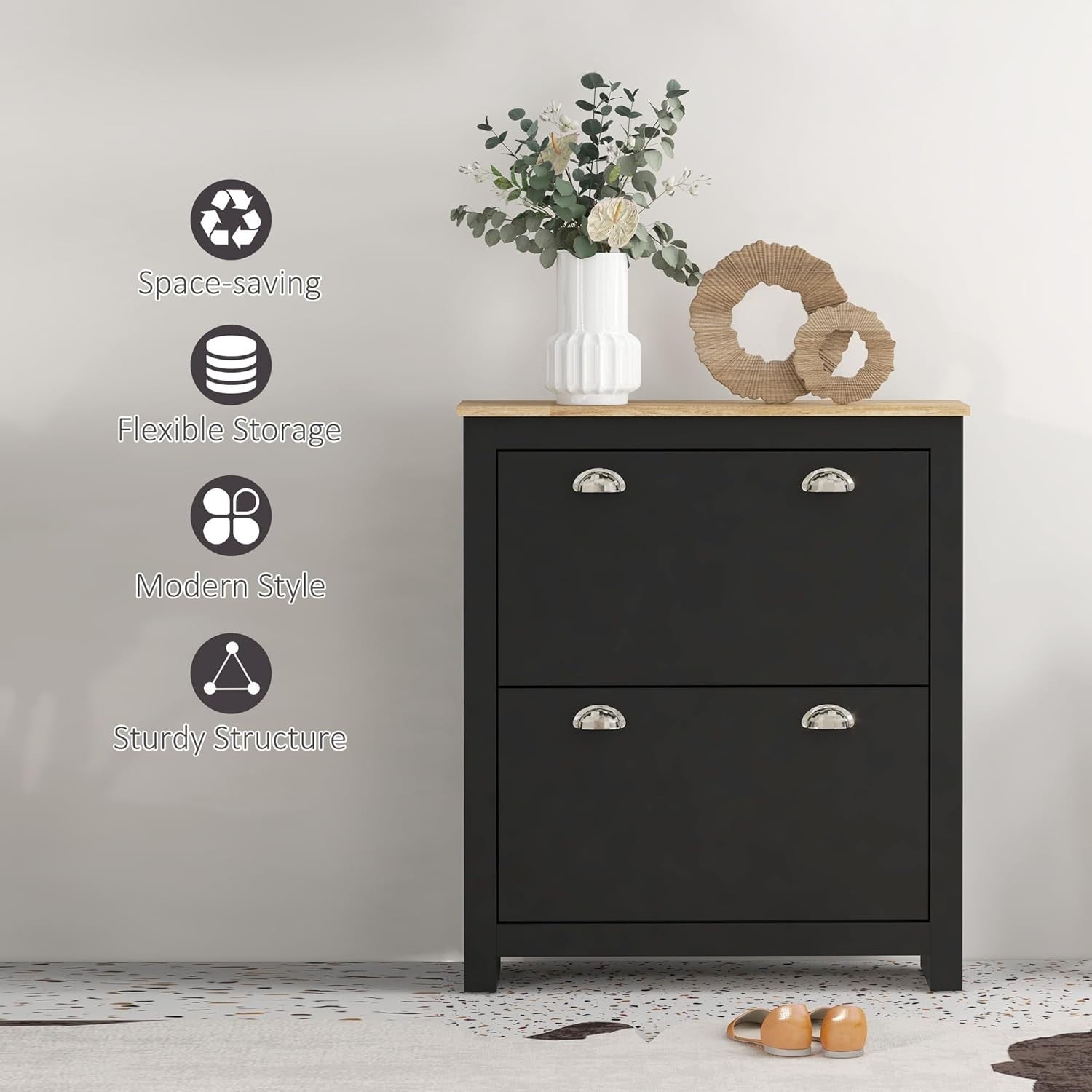 2-Drawer Narrow Shoe Cabinet with Flip Doors & Adjustable Shelves Black