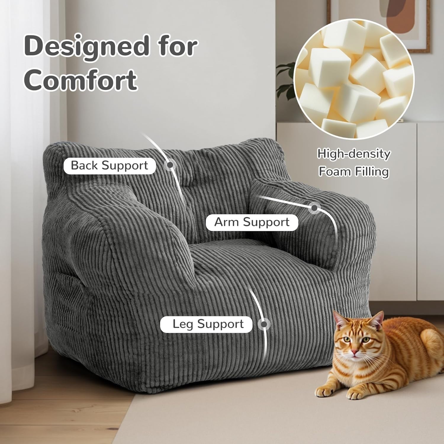 Grey Corduroy Bean Bag Chair – Comfy Seat w/ Handle for Adults 70x80cm