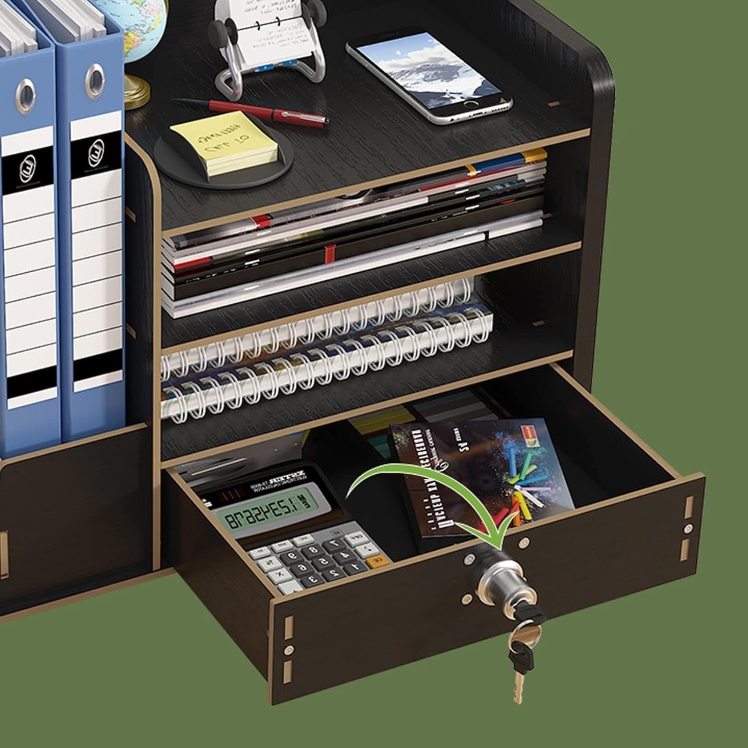 Black Desk Organiser with Drawer 9-Compartment Desktop Storage