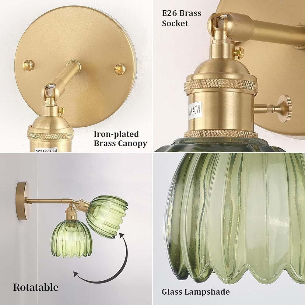 Vintage Gold Wall Lights with Remote & Green Glass Shade – Dimmable Set of 2