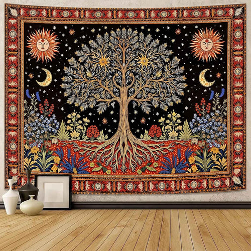 Celestial Sun & Moon Tree of Life Tapestry Boho 80x60
