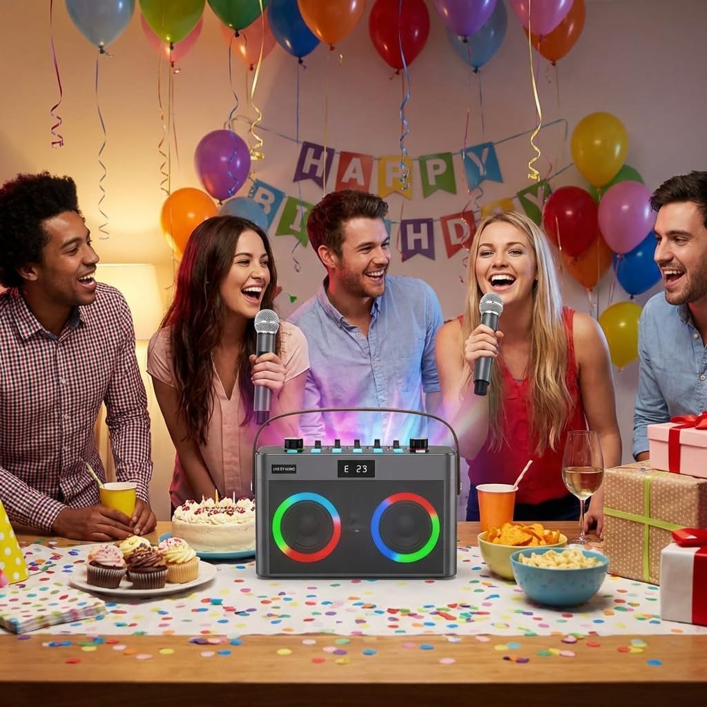 MT-VIKI Portable Bluetooth Karaoke Speaker with 2 Wireless Mics LED