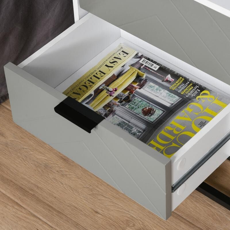 Modern Grey Bedside Table with 2 Drawers, Steel Base, Unique Chevron Style