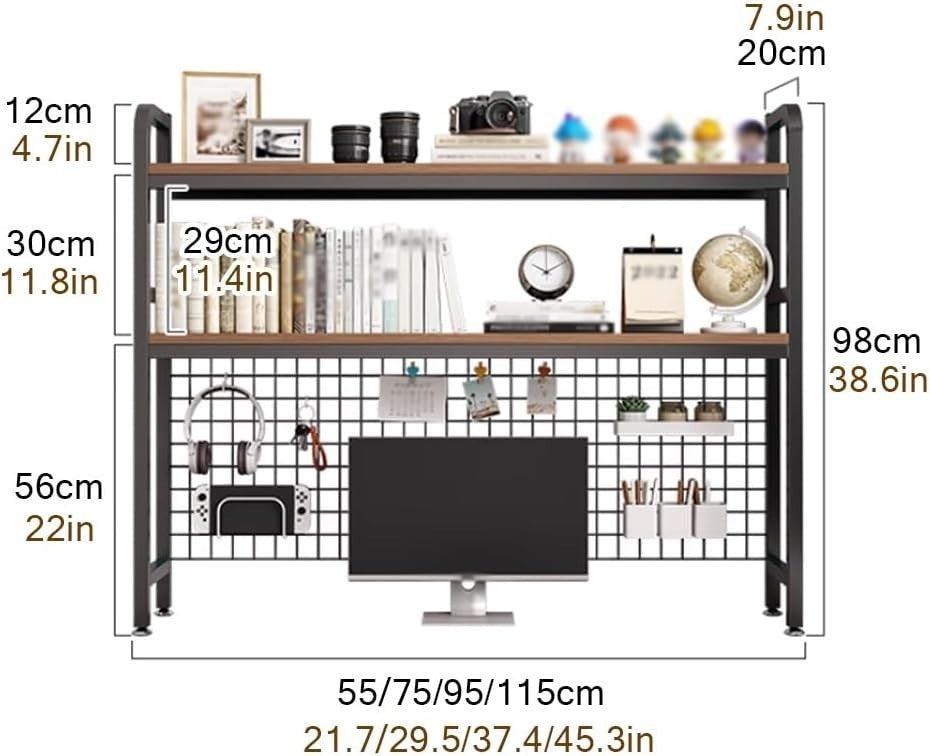 2-Tier Desktop Hutch Bookshelf Organizer w/ Grid Panel | Sturdy Wood & Metal