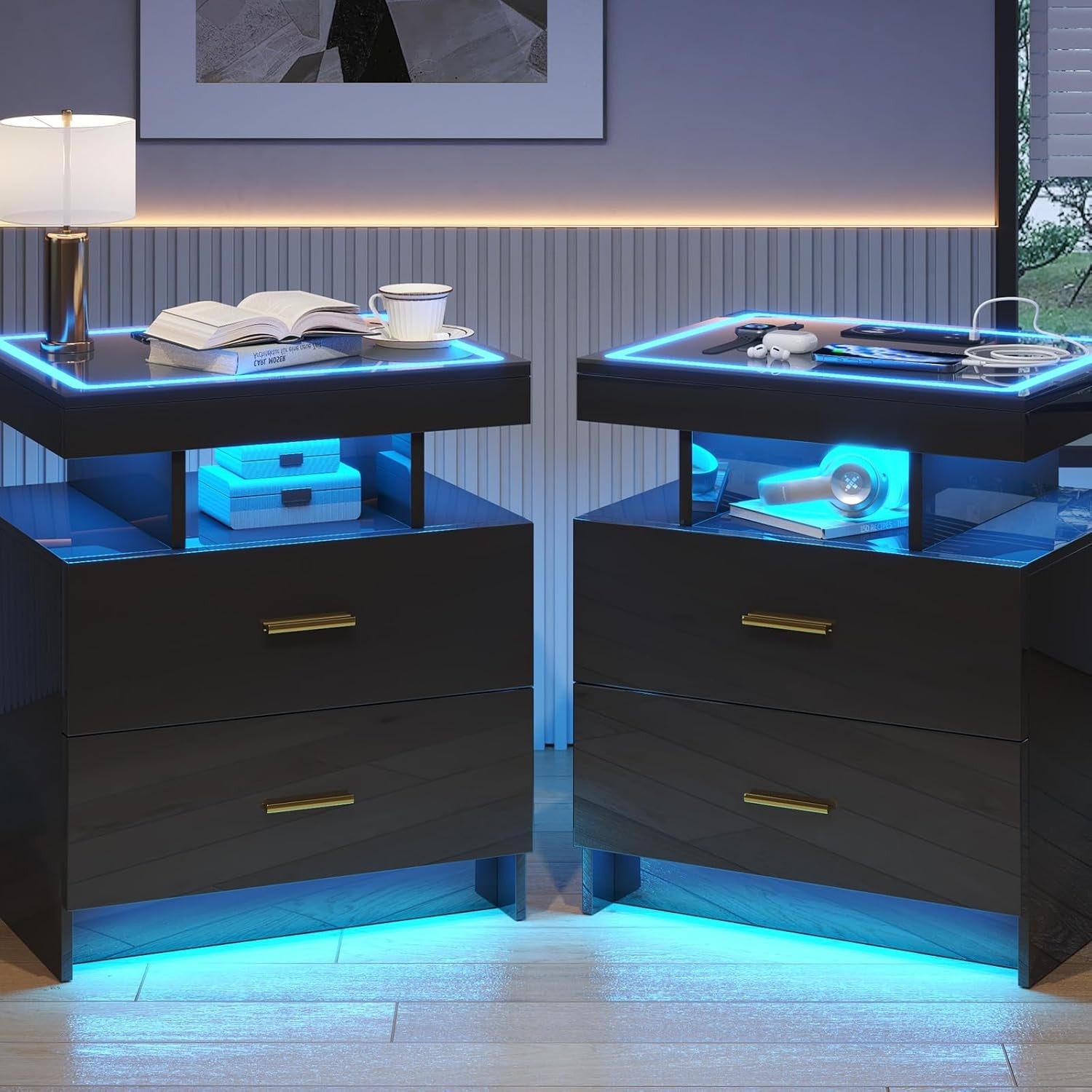 Set of 2 Black LED Bedside Tables with Wireless Charging, Glass Top & Drawers