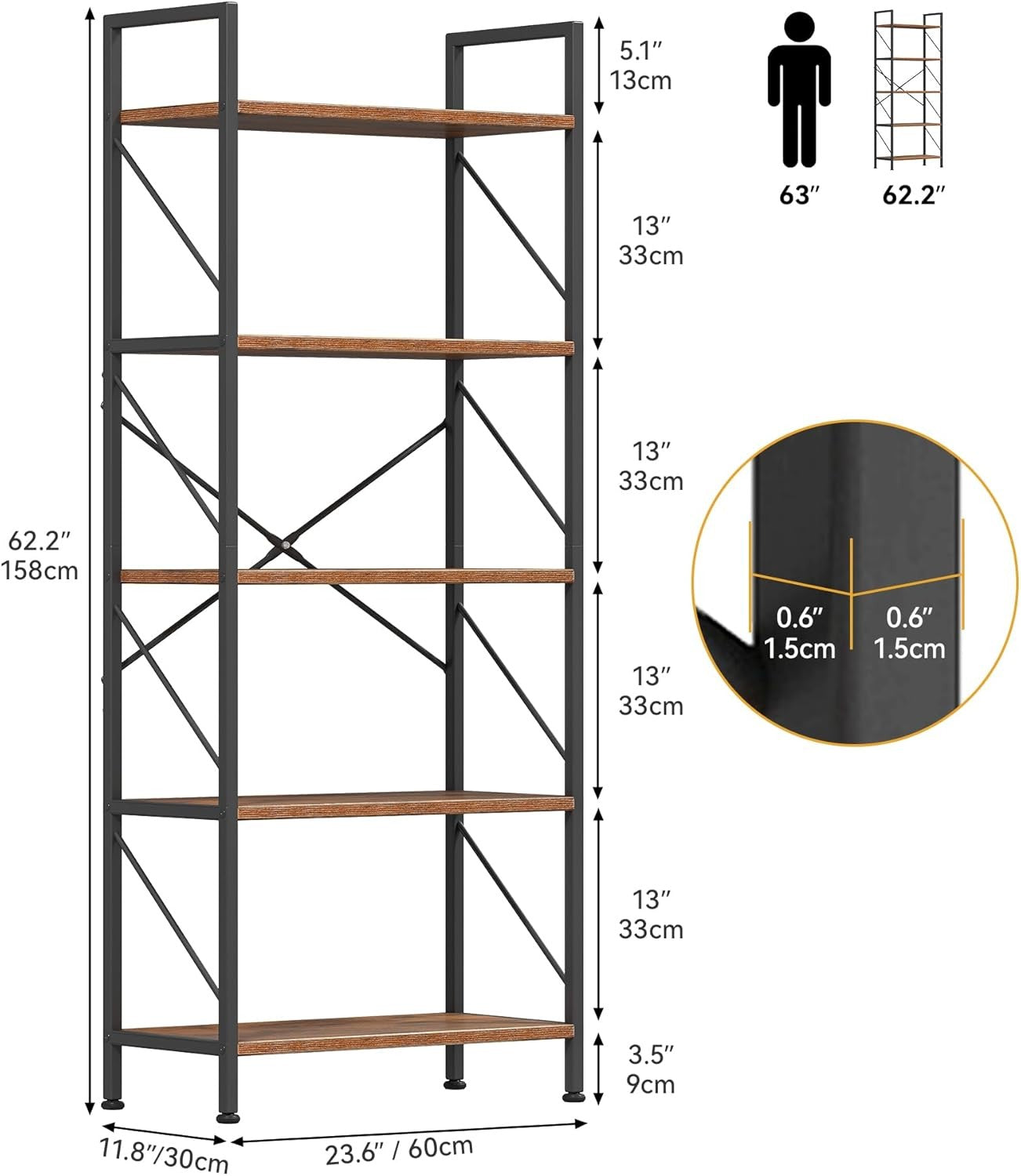 Rustic Brown 5-Tier Industrial Bookshelf Metal Frame Wood Storage Shelving