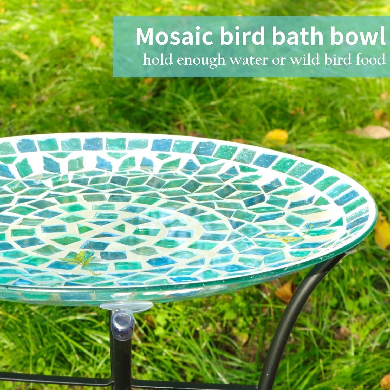 Blue Mosaic Bird Bath | 14" Glass Garden Bowl with Sturdy Metal Stand