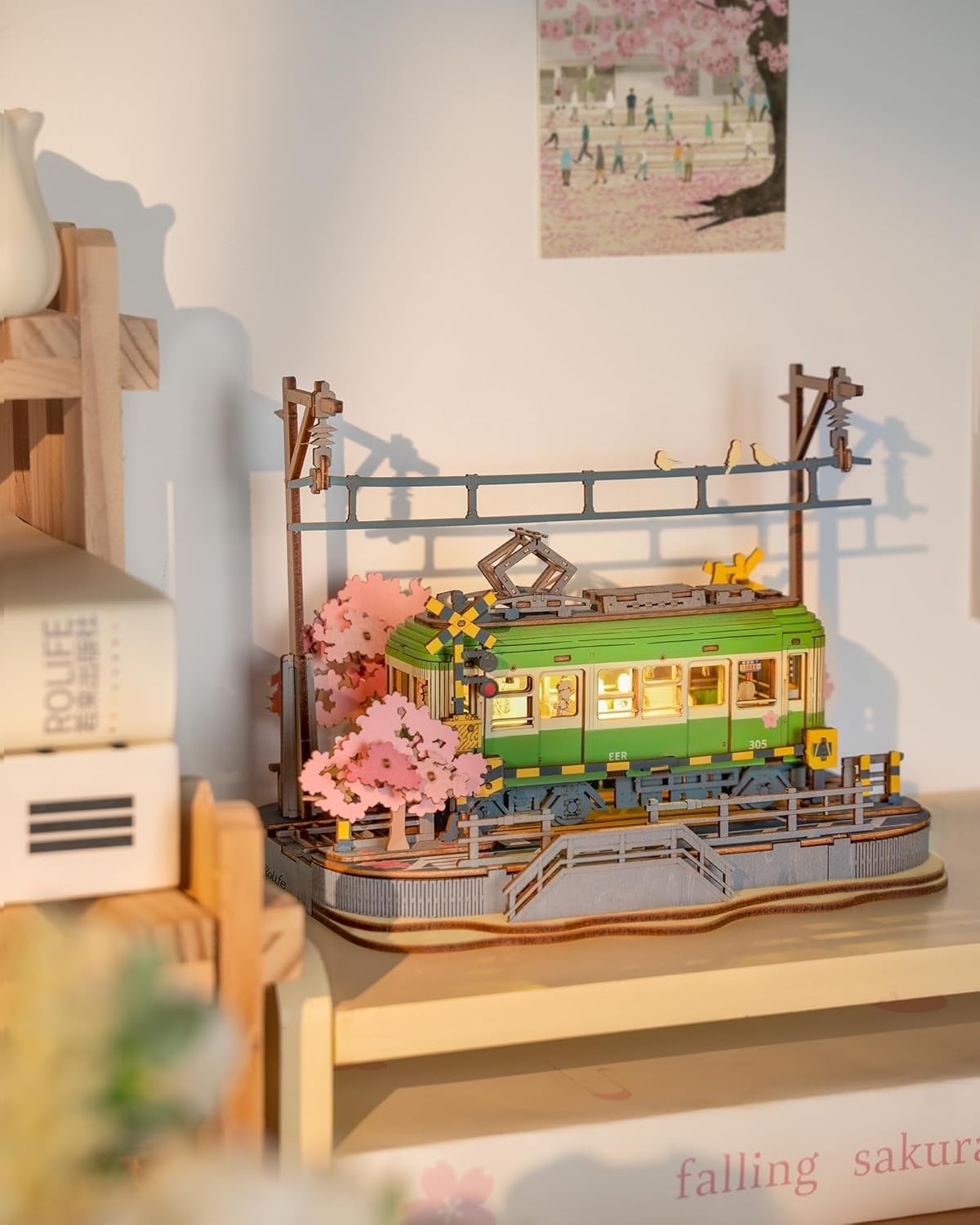 LED Sakura Tram 3D Wooden Puzzle Model Kit DIY Home Decor Gift