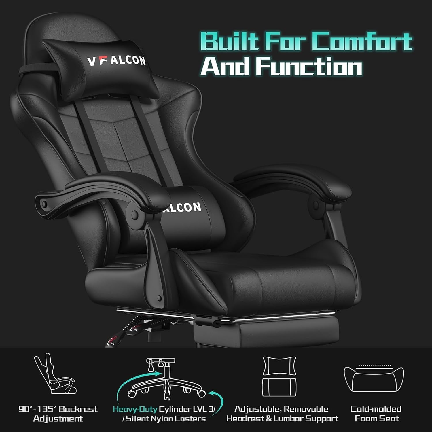 Ergonomic Gaming Chair Recliner with Footrest 360° Swivel Black