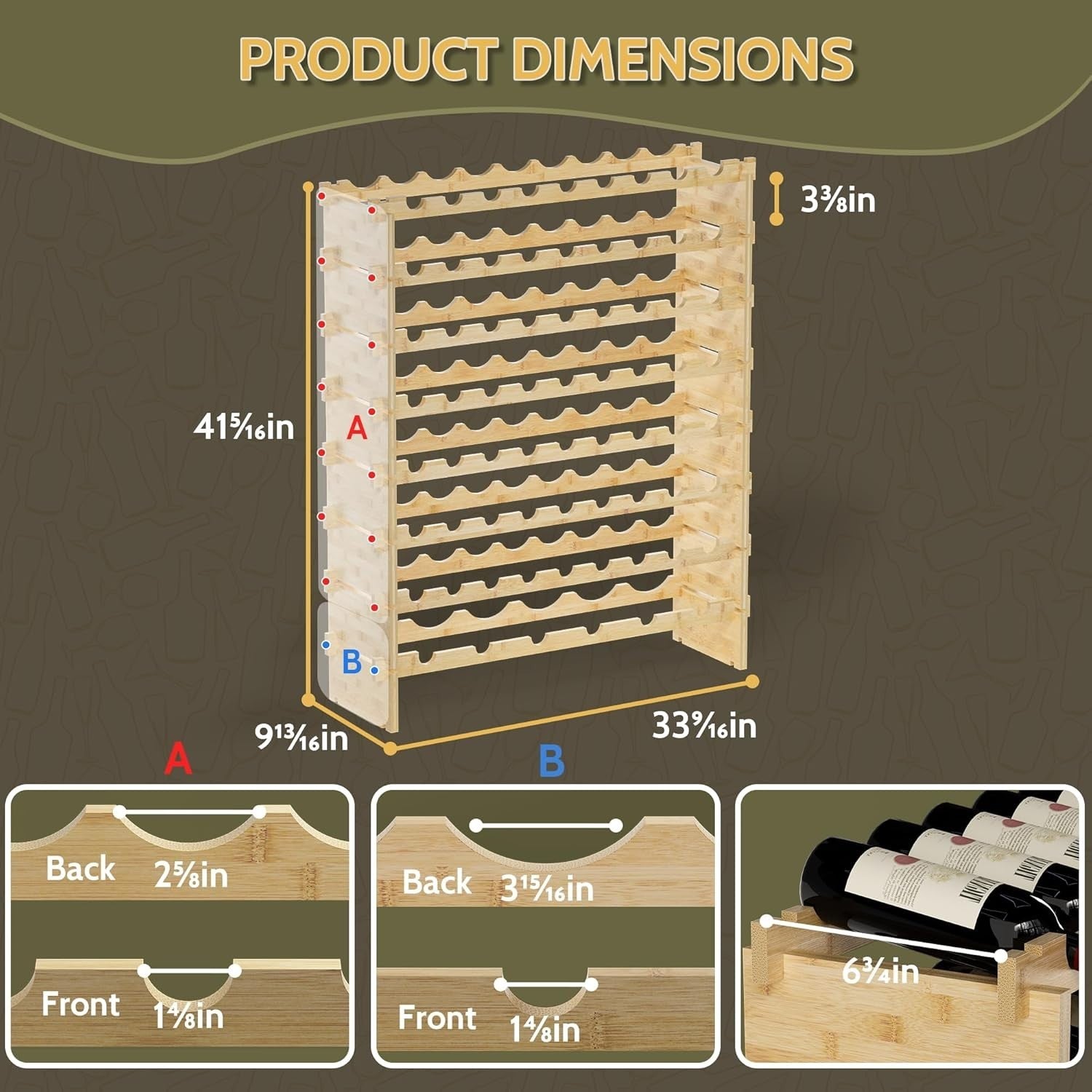 69 Bottle Wine Rack Floor Standing Natural Bamboo 8-Tier Stackable Storage Shelf