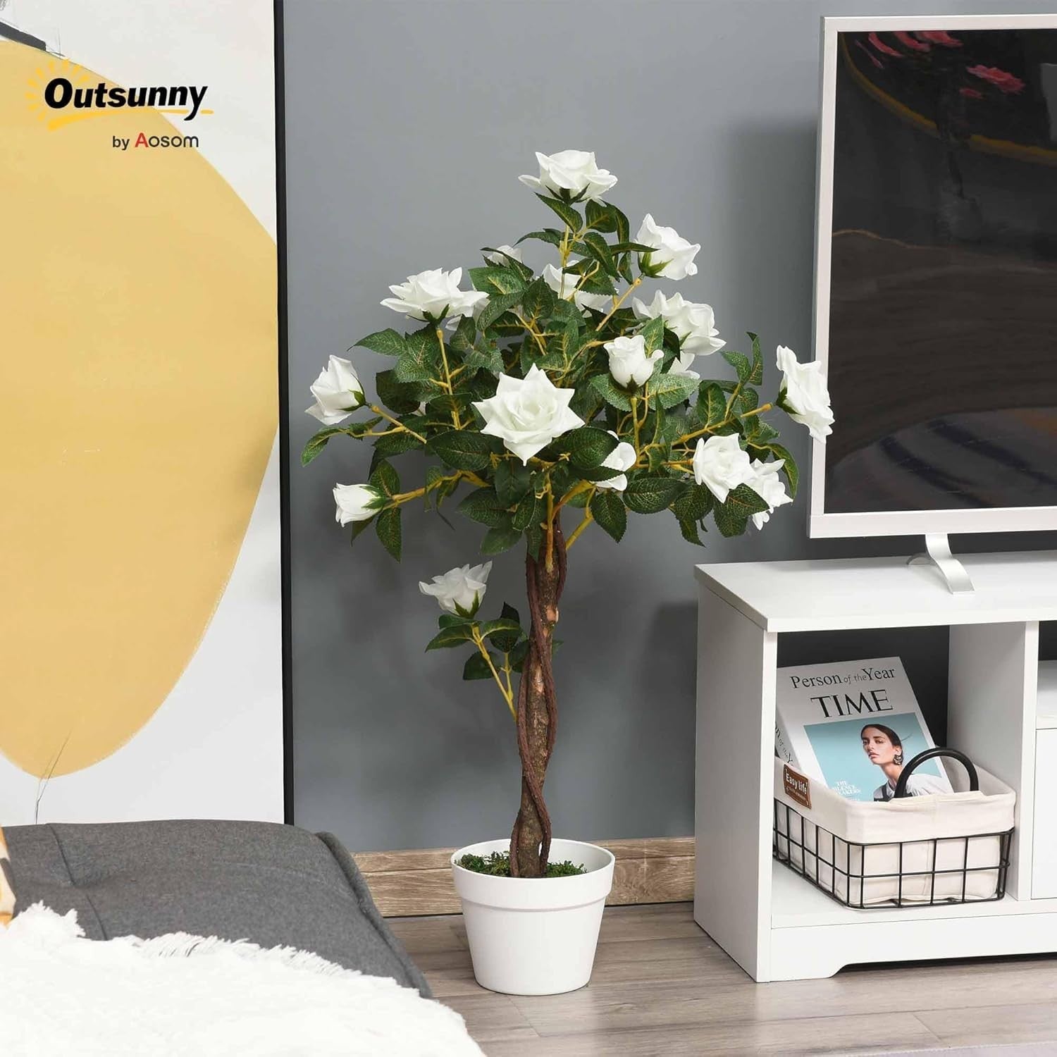 Artificial Rose Tree 90cm / 3ft White Faux Flower Plant Potted Home Garden Decor