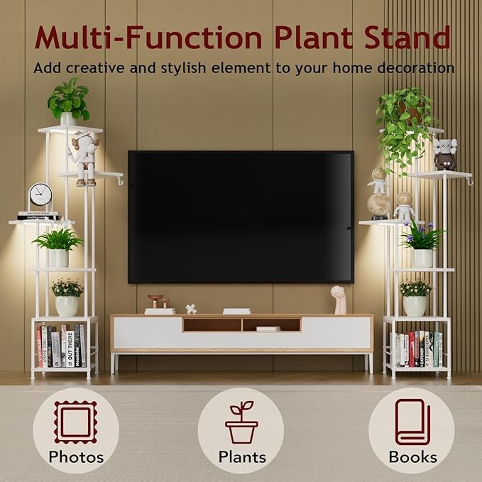 6 Tier White Metal Plant Stand with Grow Lights, Tall Indoor Flower Shelf