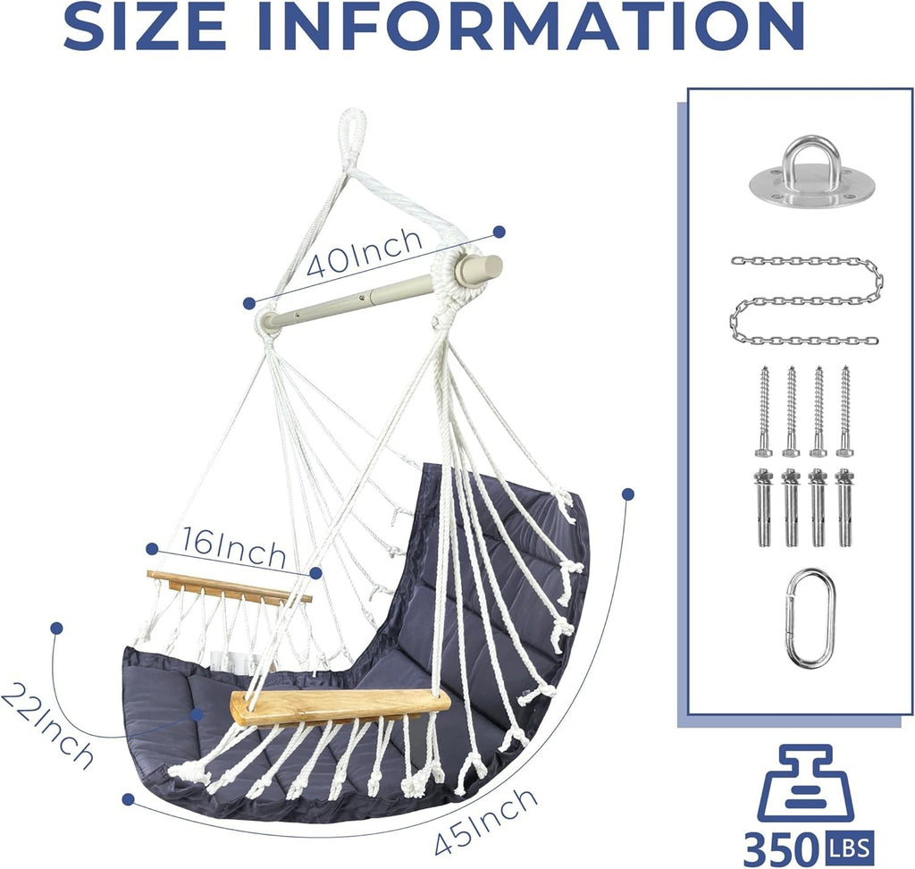 350lbs Hanging Hammock Chair with Armrest & Pocket | Indoor Outdoor Swing Seat