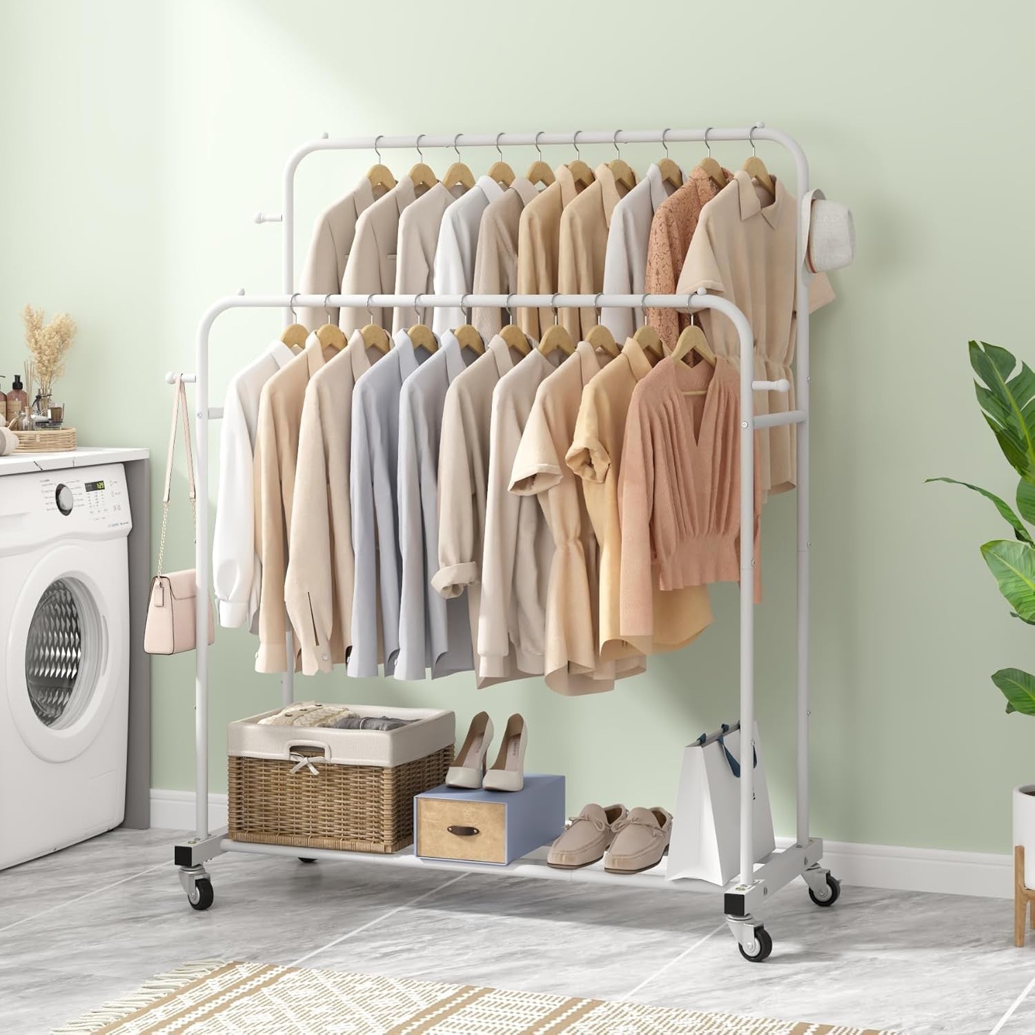 White Double Clothes Rail with Wheels & Hooks 169cm