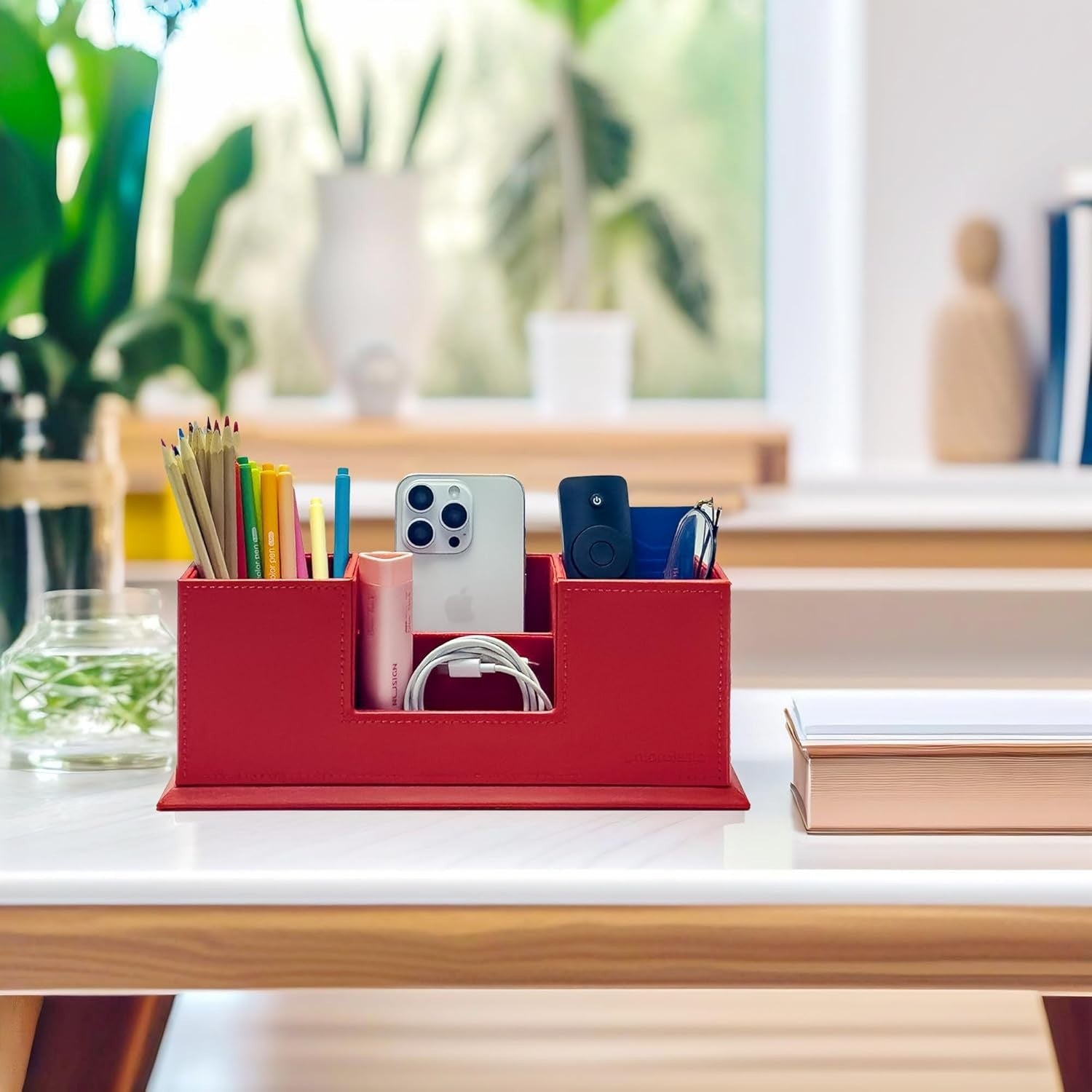 Leatherette Desk Organiser with Dual Pen & Card Holder – Red
