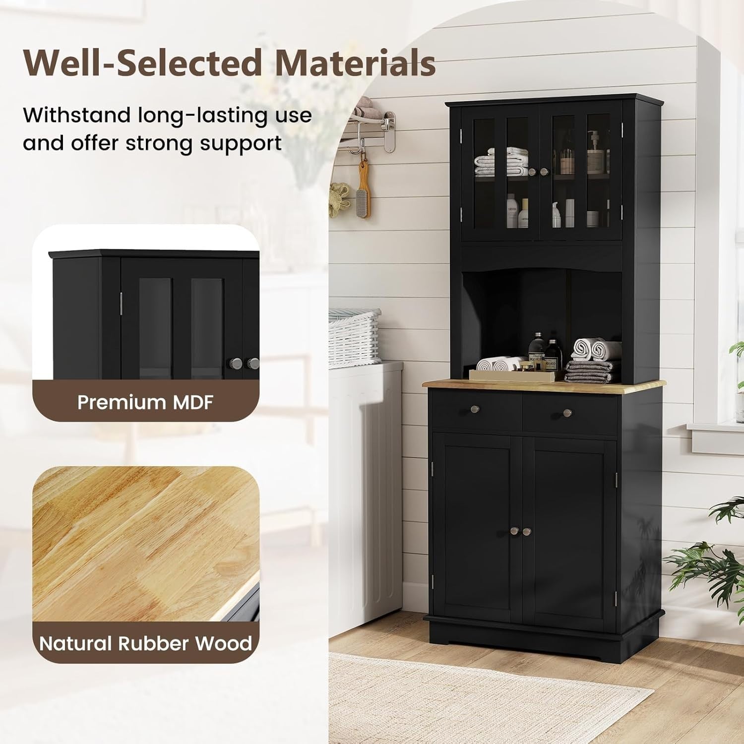 170cm Tall 4-Door Kitchen Cupboard 2-Drawer Adjustable Shelves Black