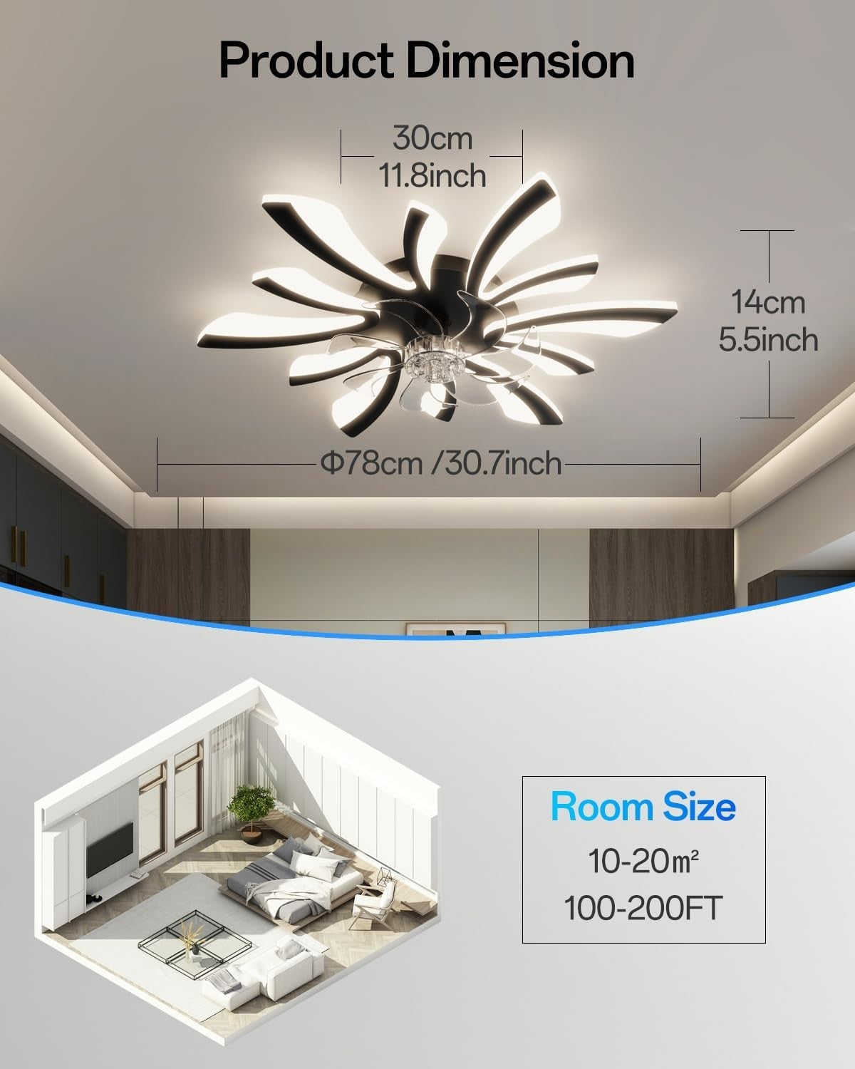 30.7" Ceiling Fan with Lights, 6 Speeds, Dimmable, Remote & LED