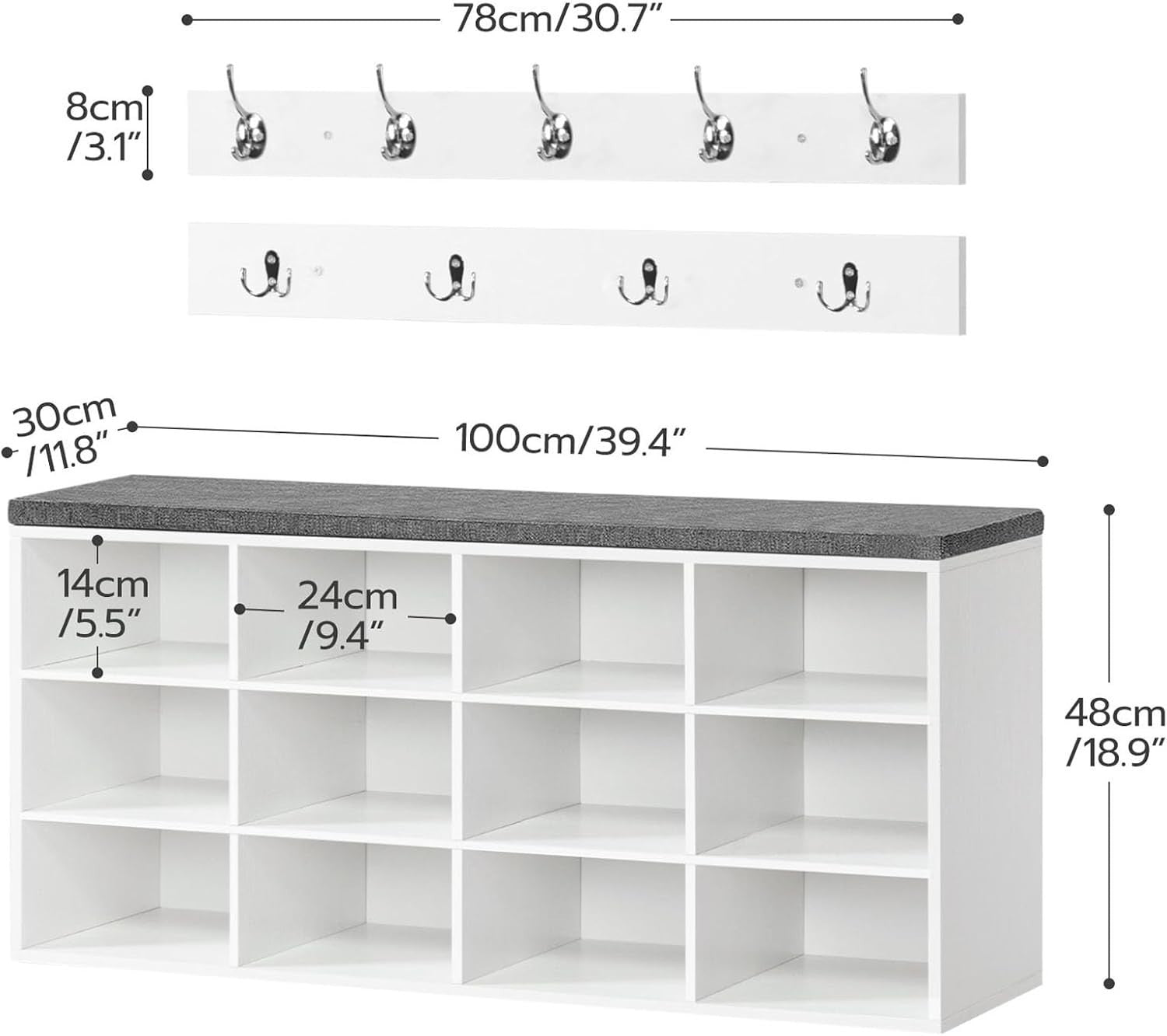 Shoe Storage Bench with Cushion & Hooks, 12 Cubbies, 100cm Hallway Rack