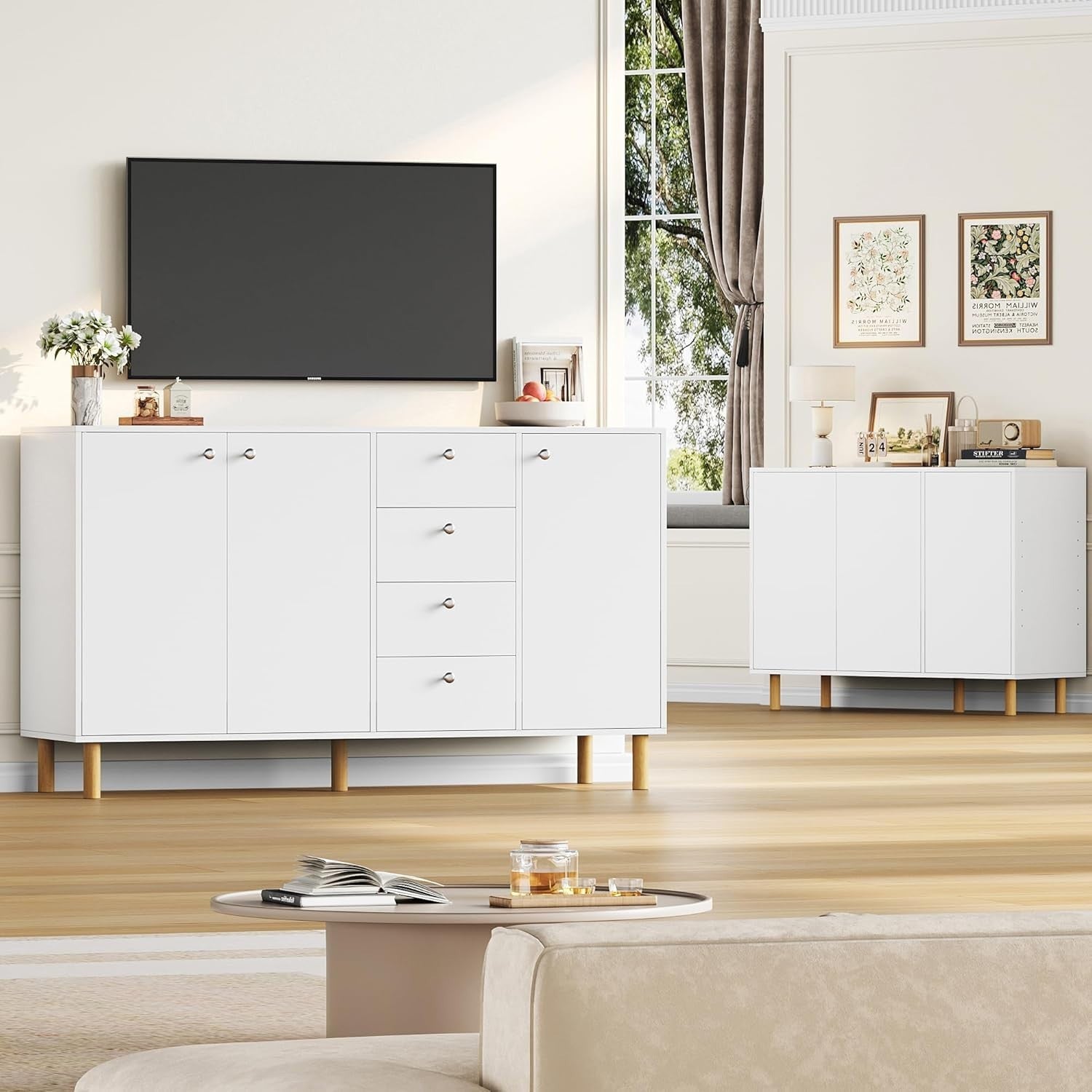 Modern White Sideboard Cabinet with Drawers & Doors 140cm Storage Unit